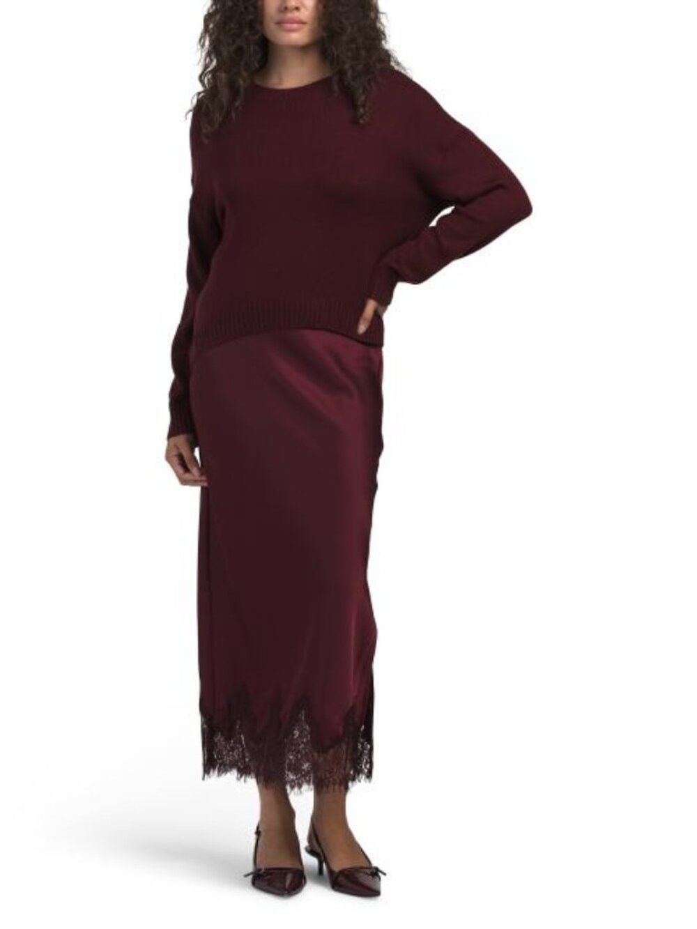 SABINE PARIS 2pc Crew Neck Pull Over Sweater And Satin Lace Skirt Set